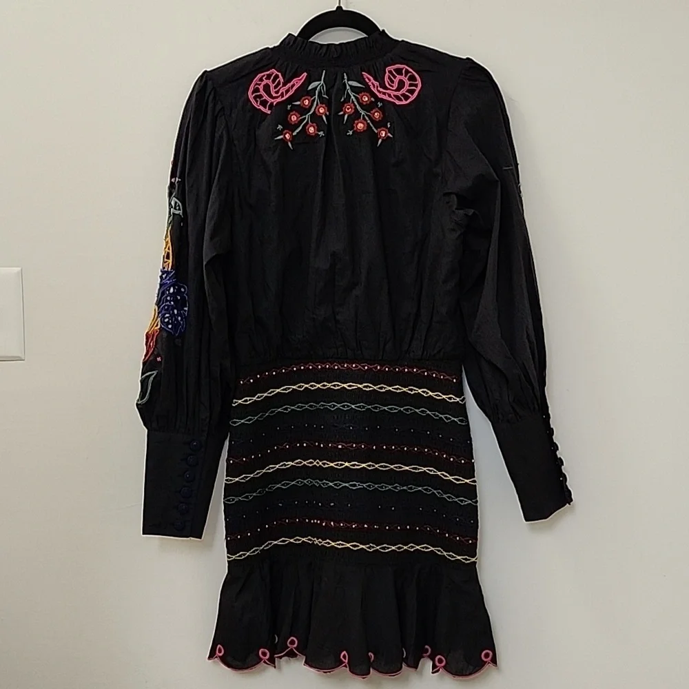 FarmRio Embroidered Puffsleeve  Black Dress Colorful Parrot Design Romantic Sz M - Picture 11 of 16